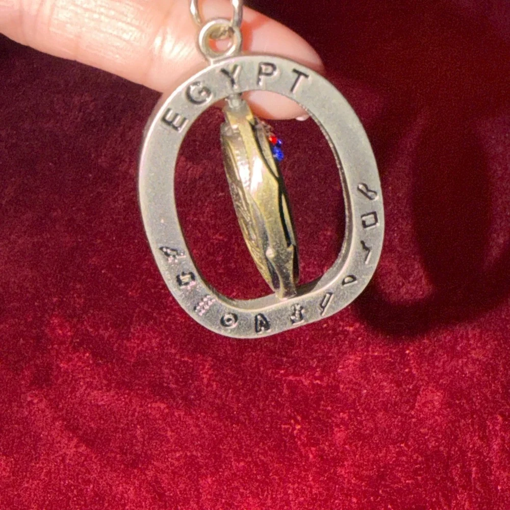 Vintage Egypt‎ Souvenir Keychain Spinning Hieroglyphic Medallion Rhinestone
